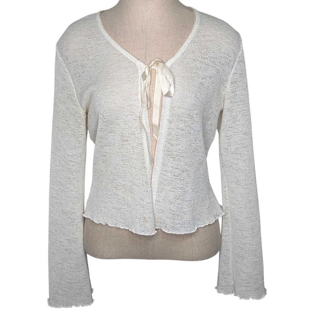 Y2K Studio 1940 size M White Sheer Knit Tie Front Cardigan Sweater Lettuce Trim